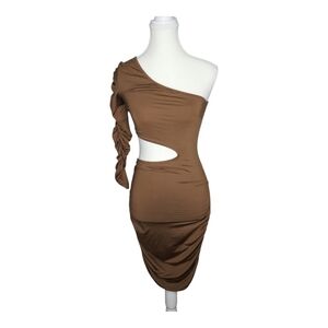 NWT Bellivera One Shoulder Long Sleeve Cut Out Brown Sexy Dress Size Sma…
